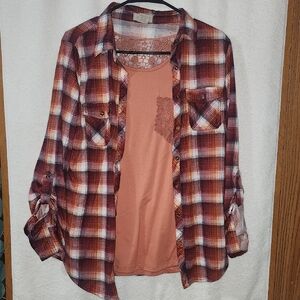 Plaid Button-Up Shirt with Lace Tank